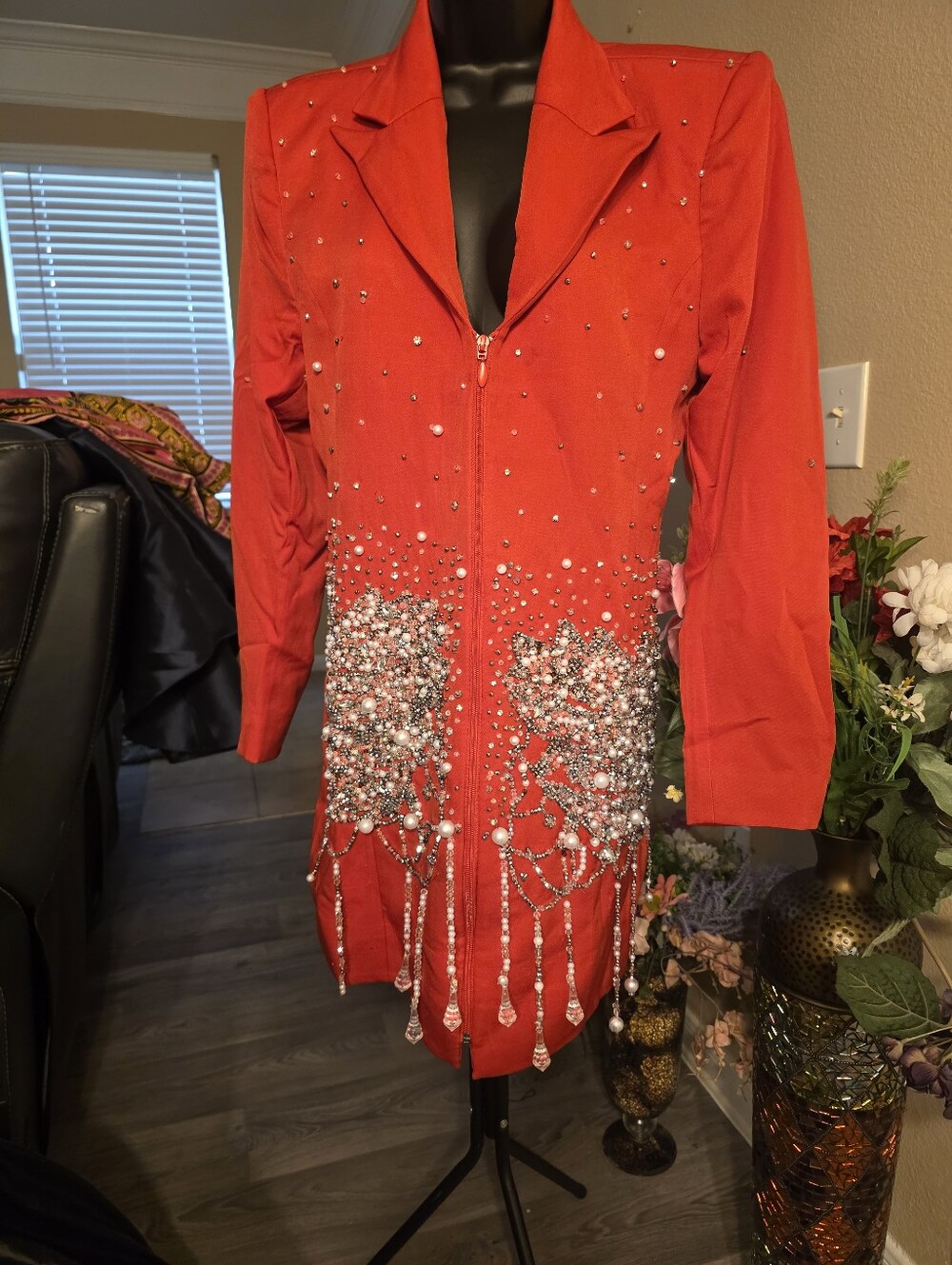Red Embellished Women's Zip-Front Blazer